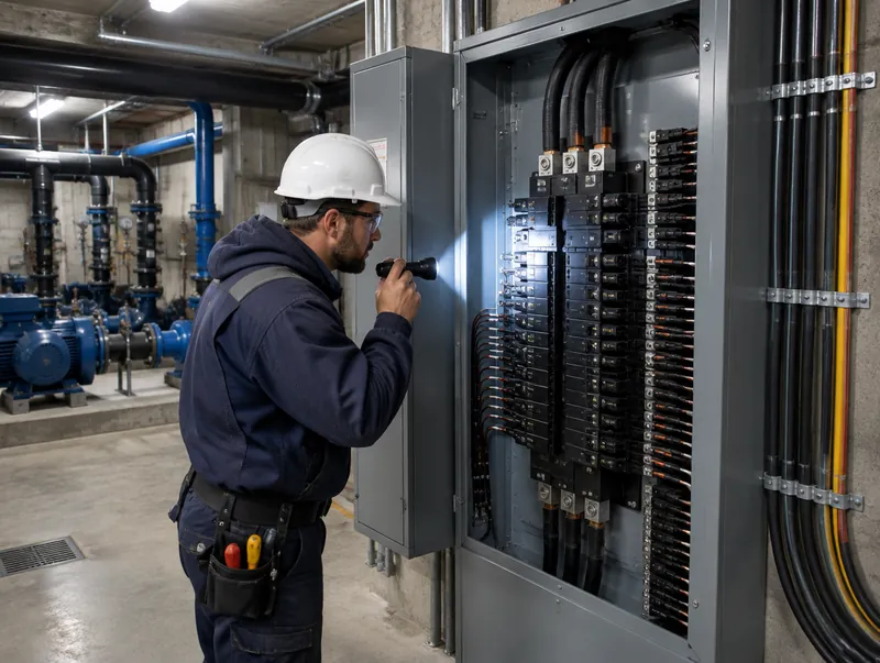 Electricista revisando el tablero general de un edificio de consorcio