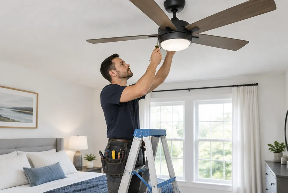 Electricista instalando un ventilador de techo con luz en un dormitorio