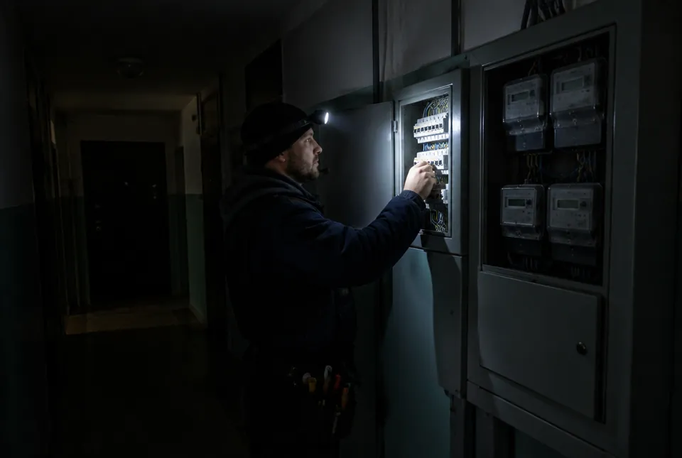 Electricista con linterna revisando la caja de medidores de un edificio sin luz